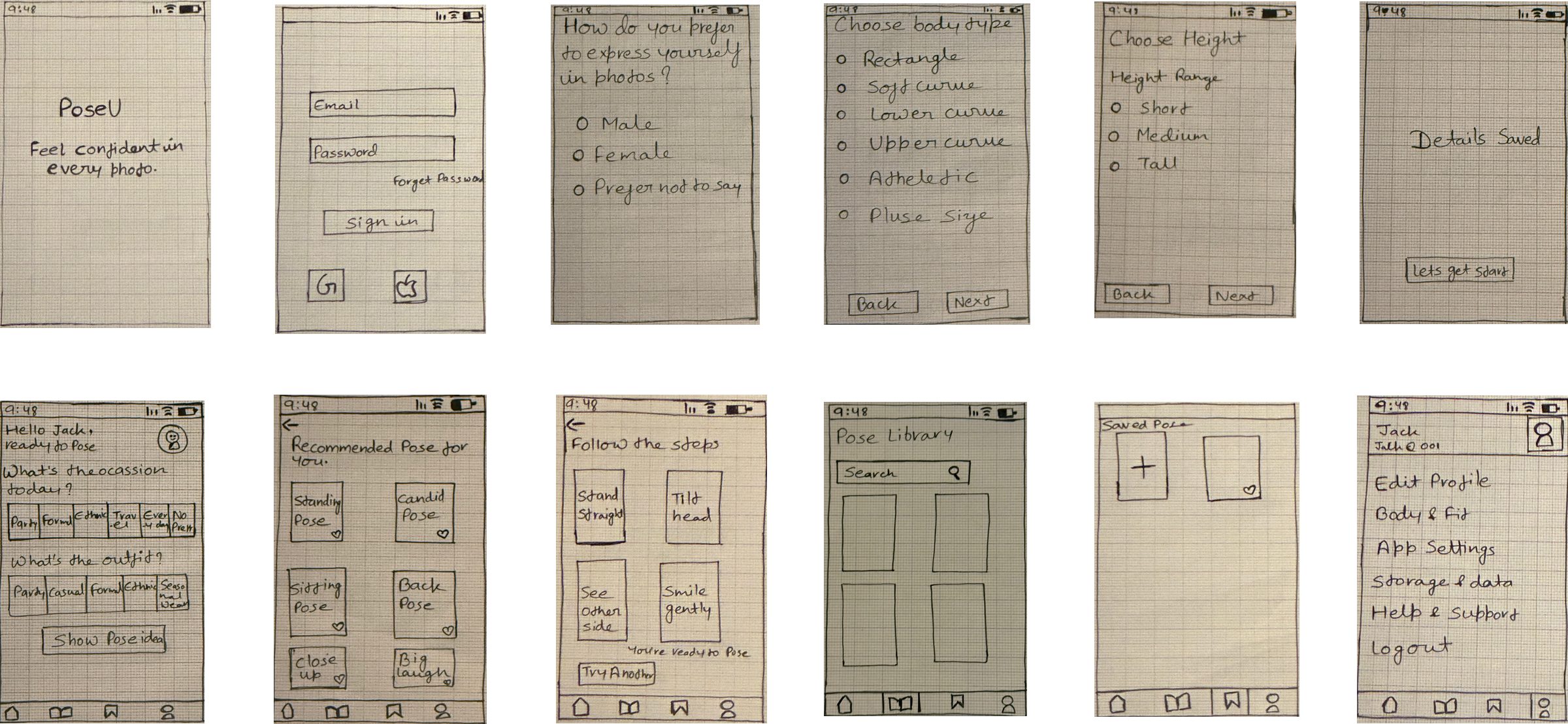 Full low-fidelity wireframe board: onboarding, occasion and outfit selection, pose suggestions, step-by-step guidance, pose library, saved poses, and profile settings