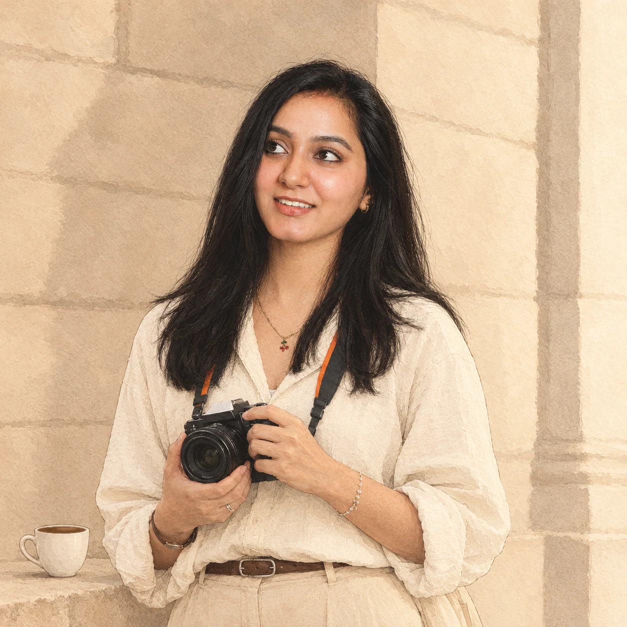 Sagrika smiling, holding her camera against a warm stone wall, with a cup of tea on the ledge beside her