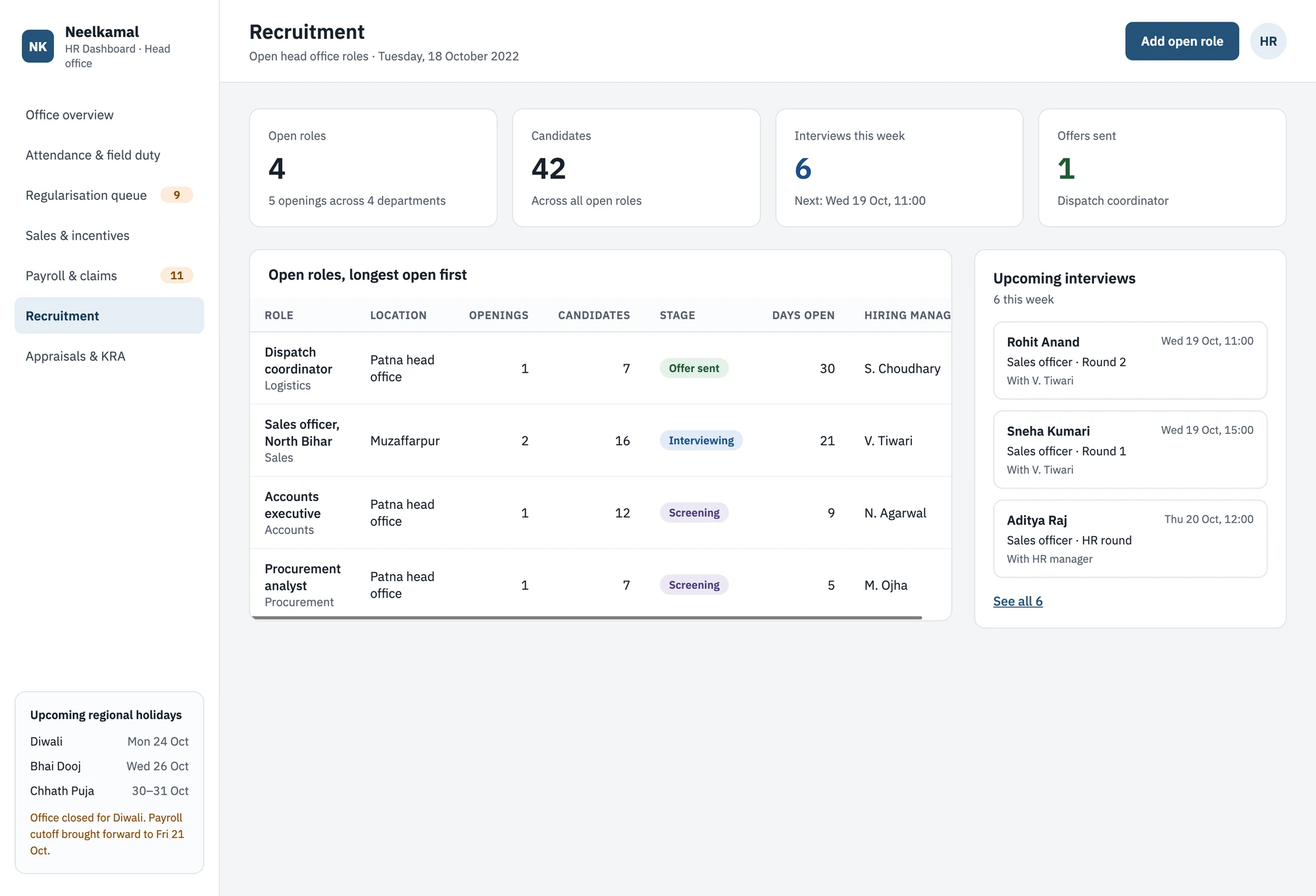 Recruitment screen: KPI cards for open roles, candidates, interviews this week and offers sent, a table of open roles with stage and days open, and a list of upcoming interviews.