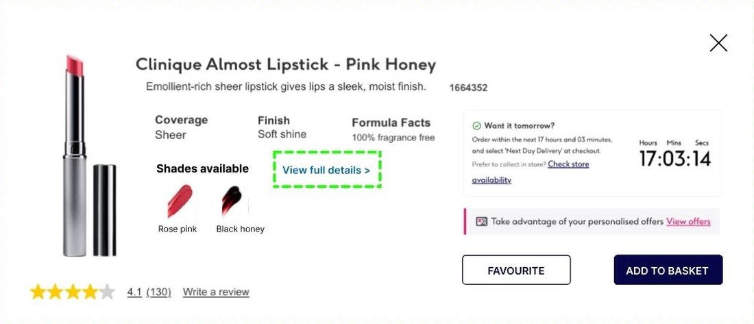 Boots redesign: the proposed quick-view panel with shades, delivery cut-off and add to basket