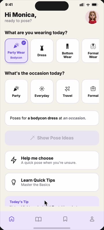PoseU app screen: choosing what you are wearing and the occasion